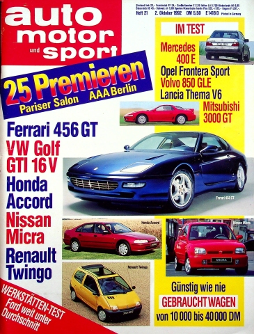 Deckblatt Auto Motor und Sport (21/1992)